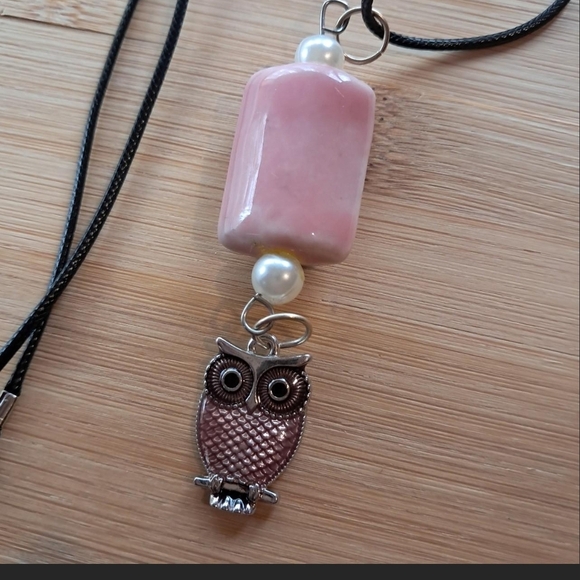 Pink and Silver Owl Pendant Necklace with Pearl - Picture 2 of 7